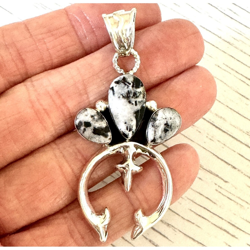 Navajo Naja Pendant White Buffalo 2.25in Squash Blossom Sterling Tsosie Crown